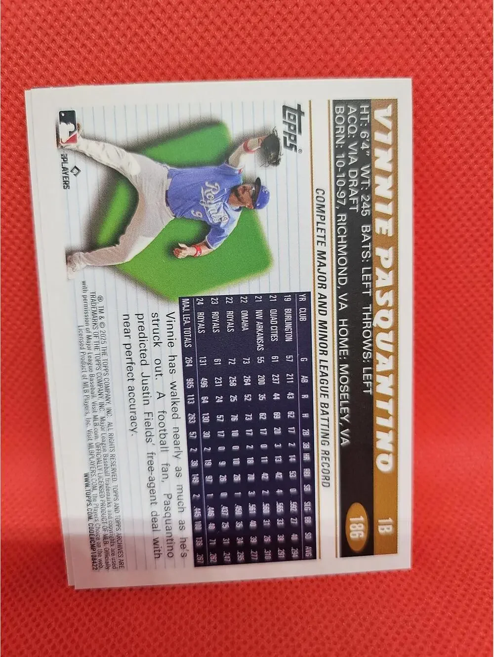 Vinny Pasquantino - 2025 Topps Archives #186 - Royals - RAW Mint